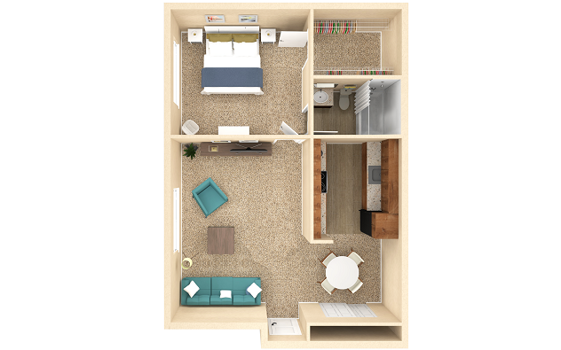 Floor plan for 1 bed, 1 bath, 740 sqft